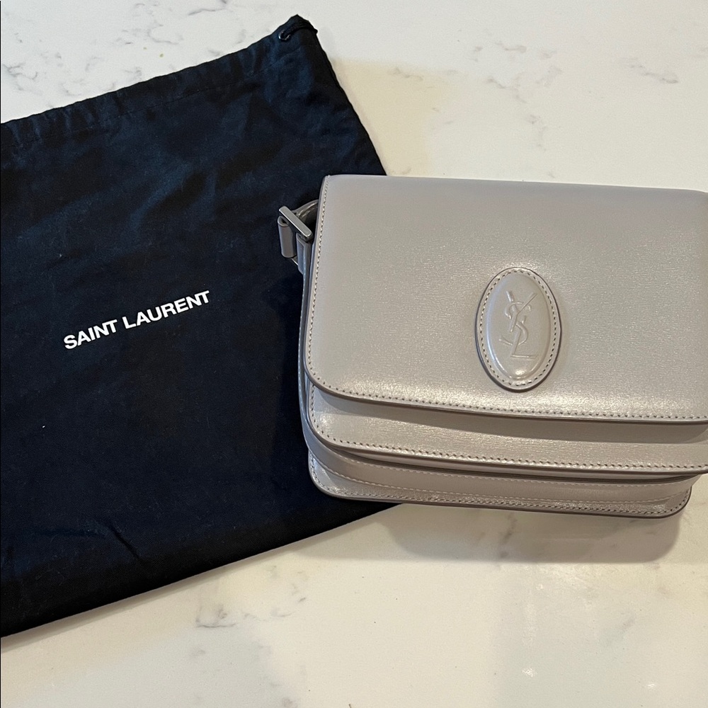 Saint Laurent Light Grey Leather Crossbody Bag with Oval YSL Emblem